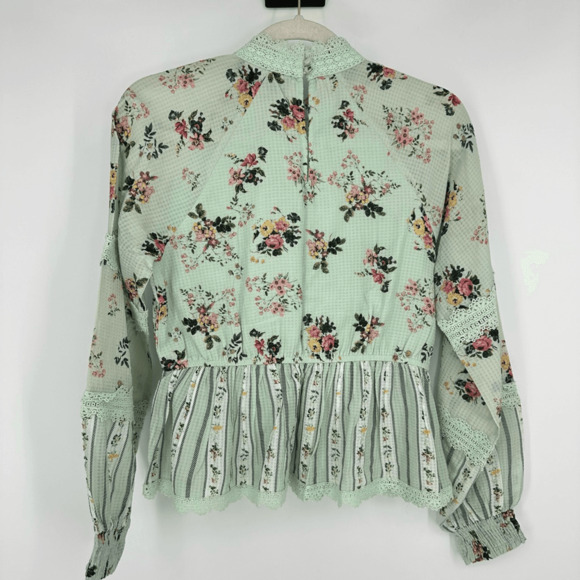 Anthropologie Hemant & Nandita Floral Lace Top Mock Neck Green XS Ballon Sleeve - Picture 2 of 10